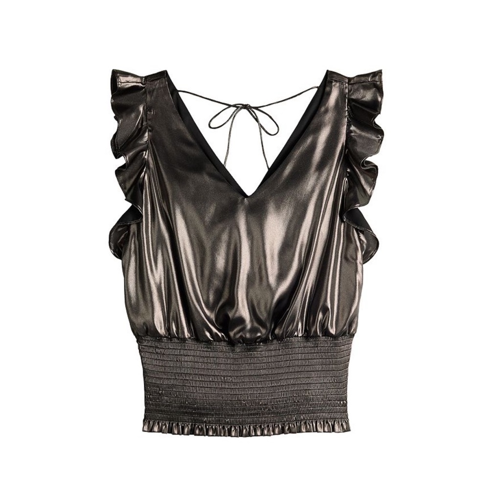 Nine West Sleeveless Ruffle Smocked Hem Top - Picture 3 of 11